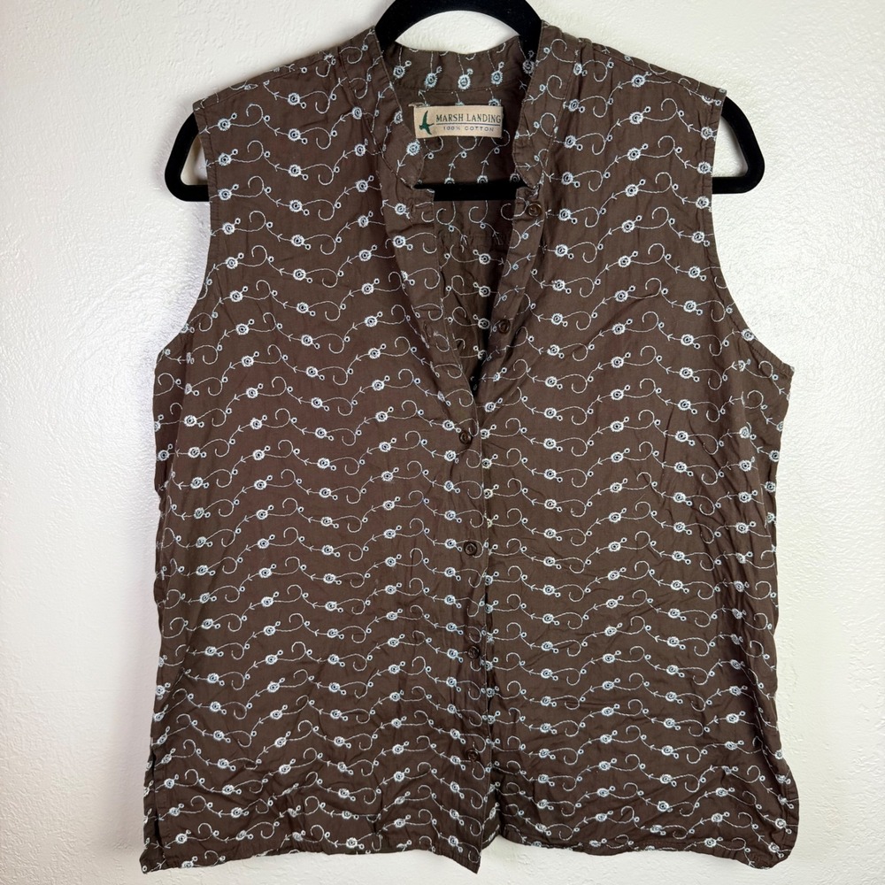 Vtg Marsh Landing Women's L Brown Cotton Embroidered Cottage Earthy Boho Top